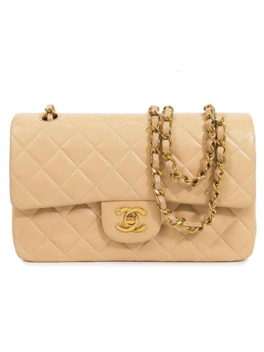 Chanel Chain Beige Gold Lambskin Quilted 23 Double Flap Shoulder Bag Vintage